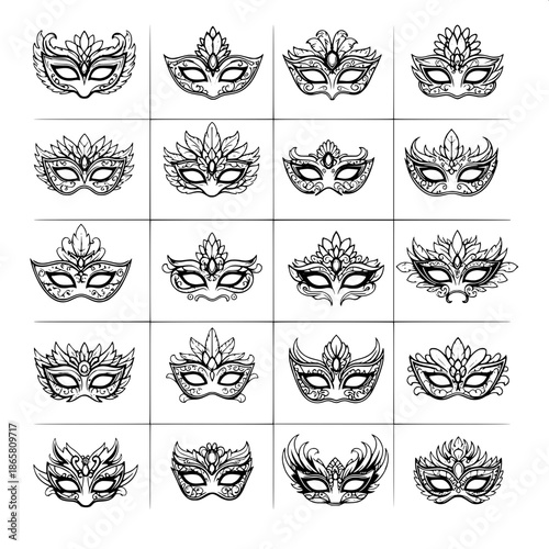 “Clean vector illustration of ornate masquerade masks, monochrome black on white, grid layout, refined graphic look.”
