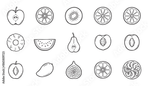 Collection of hand drawn fruit icons in a minimalist black and white line art style, featuring apple, citrus, kiwi, pear, peach, and other tropical fruits for healthy eating concepts