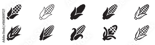 Black corn on the cob icon collection featuring a variety of minimalist graphic styles such as simple glyphs, clean outlines, and abstract brush stroke illustrations