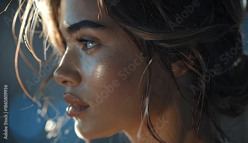 Close up Profile of a Young Woman with Glitter Makeup and Wet Hair Outdoors with Soft Light