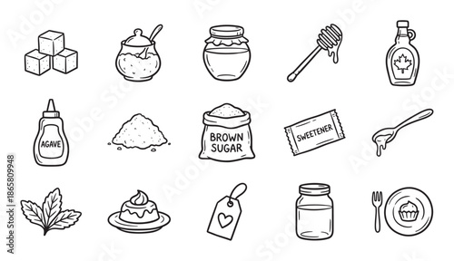 Collection of hand-drawn sugar and sweetener icons including cubes, honey, maple syrup, agave, and desserts in a simple black and white doodle style illustration set