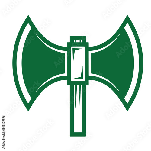 Green double sided axe head with handle illustration on white background  weapon symbol