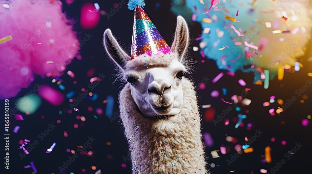 Fototapeta premium Llama in party hat with confetti explosion .