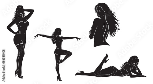 Set of Sexy Pin-up Style Female Silhouettes; Glamorous Vector Illustrations of Women in Lingerie and High Heels for Boudoir Photography Logos, Beauty Branding, and Adult Graphic Design - Isolated on W