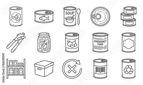 Hand-drawn canned food and pantry supply icons showing various preserved goods, a can opener, and storage symbols for emergency provisions in a simple black and white doodle sketch style