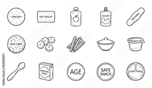 Hand-drawn baby food and feeding icon set in a simple line art style, featuring snacks, purees, and accessories for infant nutrition and toddler meals