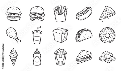Collection of fast food doodle icons featuring a hamburger, pizza, hot dog, fries, and donut in a simple hand-drawn black and white line art illustration style