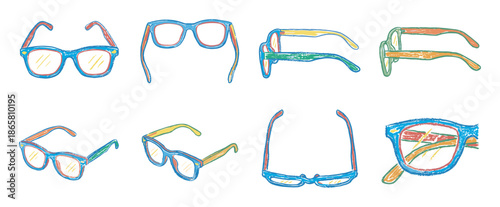 Collection of colorful hand-drawn eyeglasses in a playful sketch style, showing various pairs from different angles and perspectives in a vibrant, artistic illustration set