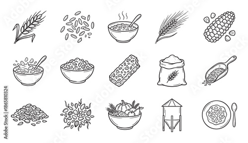 Hand-drawn black and white cereal icons set showing wheat, corn, oats, rice, and breakfast foods like porridge and granola in a simple doodle sketch illustration style