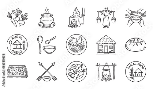 Hand-drawn rural life and food icons set in a simple black and white doodle style, featuring a village hut, campfire cooking, fresh vegetables, and traditional agricultural elements