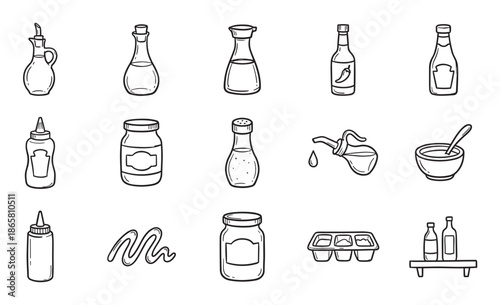 Collection of hand-drawn sauce and condiment icons in a simple black and white doodle style, featuring various bottles, jars, shakers, and bowls for food seasoning and dressing
