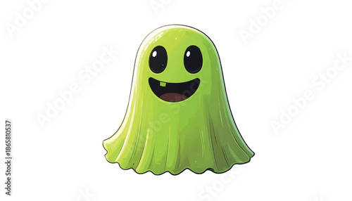 Cartoon Green Ghost with a Cheerful Smile and Big Eyes.