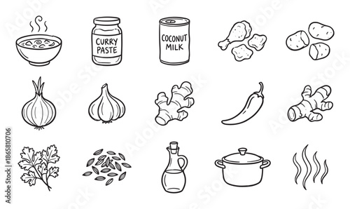 Hand drawn black and white icons of curry ingredients and cooking utensils in a simple doodle style, illustrating a recipe concept with chicken, vegetables, spices, and coconut milk