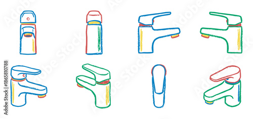 Collection of colorful hand-drawn faucet illustrations in a sketchy doodle style, showcasing various modern bathroom and kitchen water tap designs for plumbing concepts