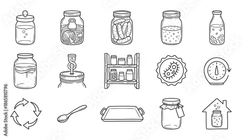 Hand-drawn fermentation and food preservation icons set showing jars with pickles, sauerkraut, kombucha, and bacteria in a simple black and white line art doodle style illustration