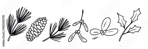 Collection of black outline Christmas winter foliage elements including pine branches, pine cone, mistletoe, and holly leaves with berries, perfect for holiday greetings, decorations, and