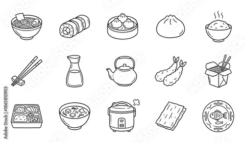 Set of Asian food line art icons featuring ramen, sushi, dim sum, rice, and miso soup in a simple hand-drawn doodle style for culinary design