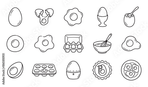 Set of egg-related cooking icons in a simple black and white doodle style showing various preparations like fried, boiled, and scrambled with kitchen utensils and containers