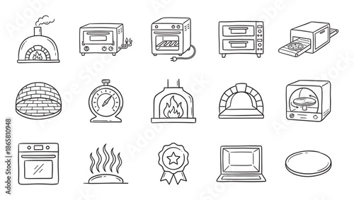 Hand-drawn pizza oven and kitchen equipment icons in a black and white sketch style, including a wood-fired stove, electric cooker, timer, and other elements for baking