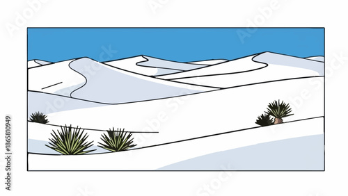 Stylized desert landscape with rolling dunes and sparse vegetation under a bright blue sky