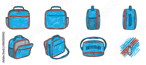Set of hand-drawn blue lunch bag illustrations in a textured sketch style, showing multiple views like front, side, top, open, and with a shoulder strap