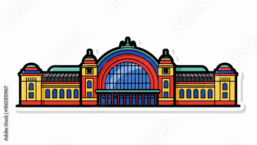 Stylized, colorful drawing of a grand historical train station building with a large arched window