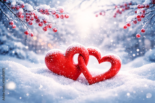 Two Interlocking Red Hearts in Sparkling Snow with Winter Berries and Soft Sunlight