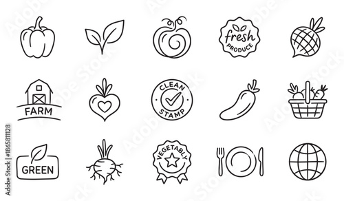 Set of black line art icons featuring fresh vegetables, farm produce, and healthy eating symbols in a minimalist, hand-drawn style for graphic design and web elements