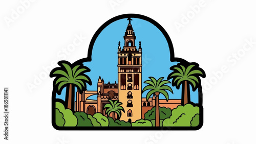 A cartoonish depiction of a tall, ornate tower with surrounding palm trees and greenery