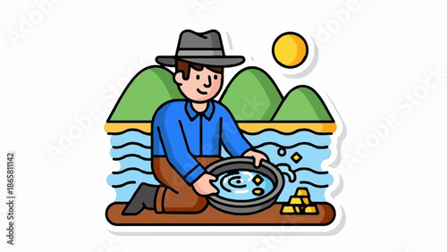 Man panning for gold by a sunny river with green hills and stacks of gold bars