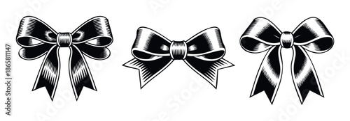 Elegant black ribbon bows in a classic woodcut aesthetic serve as versatile graphic elements perfect for festive packaging, greeting decorations, event invitations, or adding a touch of