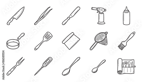 Collection of hand-drawn kitchen utensil icons shows professional culinary tools like a knife, torch, and thermometer in a simple black and white sketch style for gastronomy
