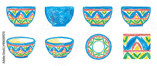 Collection of colorful hand-drawn bowls with ethnic geometric patterns, illustrated in a vibrant and textured crayon sketch style showing various angles and details