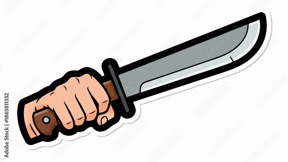 Obraz premium Cartoon hand holding a sharp, silver knife with a brown handle against a white background