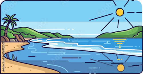 Sunny tropical beach with palm tree and rolling green hills meeting the ocean