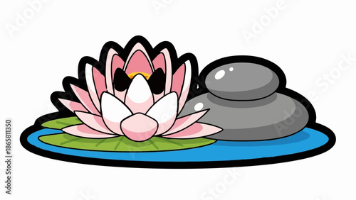 A pink water lily floats peacefully on blue water beside stacked grey stones, with green lily pads
