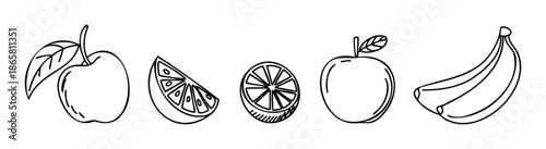 Simple line drawing of fresh fruits including apples, lemons, and bananas, perfect for healthy eating promotion, culinary blogs, or food themed educational materials