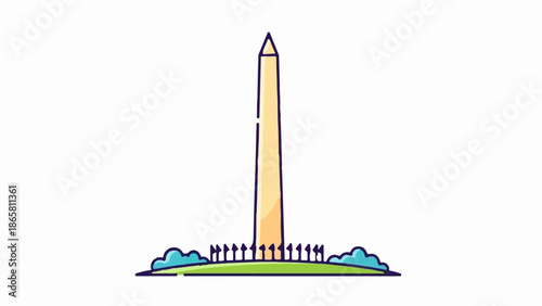 Stylized obelisk monument with flagpoles and clouds on a grassy field