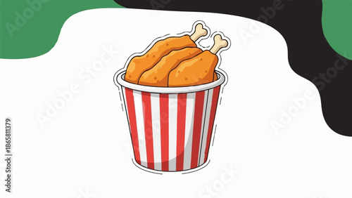 A cartoon bucket of golden fried chicken drumsticks