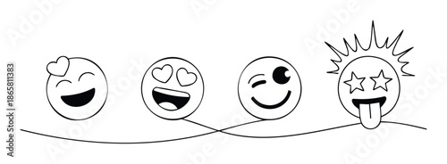 Set of expressive black and white emoji faces depicting happiness, love, playfulness, and excitement connected by a wavy line for communication concepts
