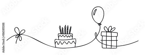 Continuous single line drawing showcasing a birthday cake with lit candles, a festive balloon, and a wrapped gift box, perfect for party invitations, event promotions, or celebratory