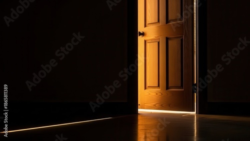 Warm light spills into a dark room through a slightly ajar wooden door