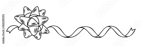 Elegant outline drawing of a festive gift bow with a flowing wavy ribbon perfect for holiday greetings party invitations and special event announcements