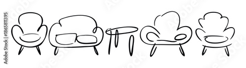 Simple black outline armchairs and a table provide a minimal sketch for interior design, home staging, or comfortable living room decor concepts