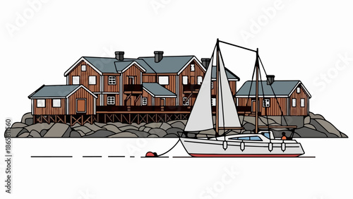 A quaint coastal village with traditional wooden houses and a sailboat docked nearby