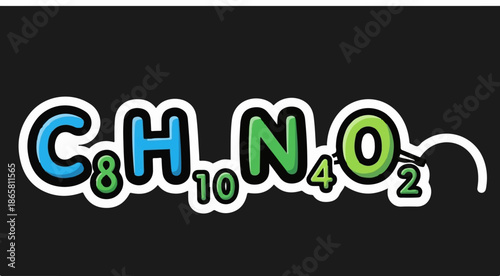 Cartoon molecular formula with colorful letters and numbers on a black background