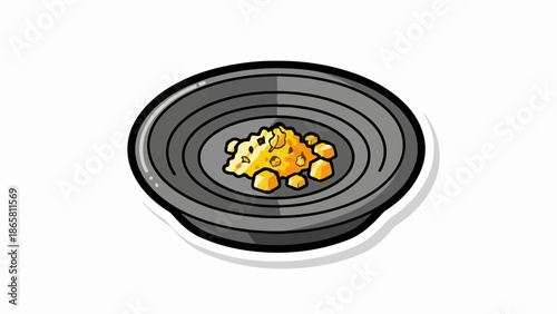 A cartoon-style illustration of a gold pan filled with nuggets and dust