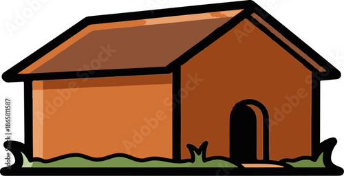 A simple, stylized brown dog house sits on green grass, with a dark arched doorway