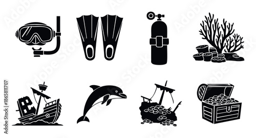 Underwater exploration and diving adventure icons including mask, fins, oxygen tank, coral, dolphin, shipwrecks, and treasure chest for ocean themes.