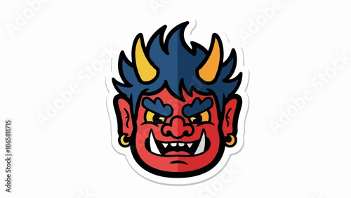 Stylized cartoon depiction of a red-faced demon with blue spiky hair, yellow eyes, and small horns